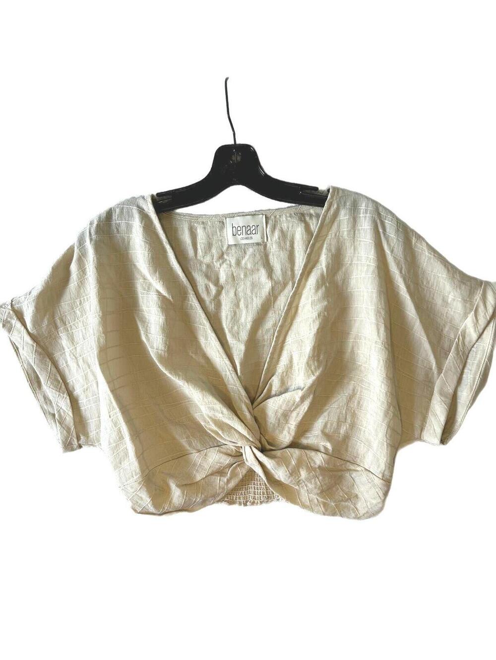 Benaar Los Angeles Linen Blend Beige Lined Cropped Knot Front Top - Size L